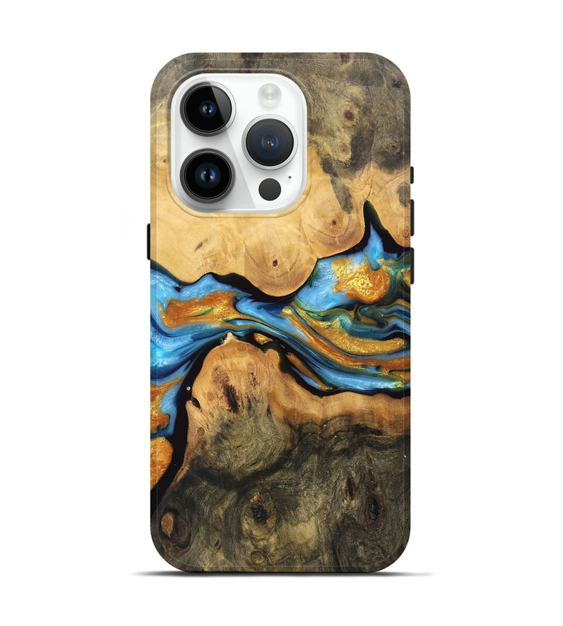 iPhone 15 Pro Wood Live Edge Phone Case - Niko (Teal & Gold, 748103)