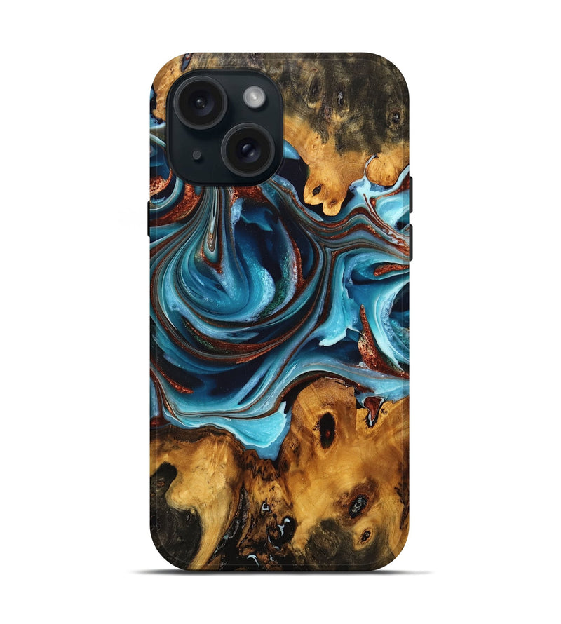iPhone 15 Wood Live Edge Phone Case - Ed (Teal & Gold, 748416)