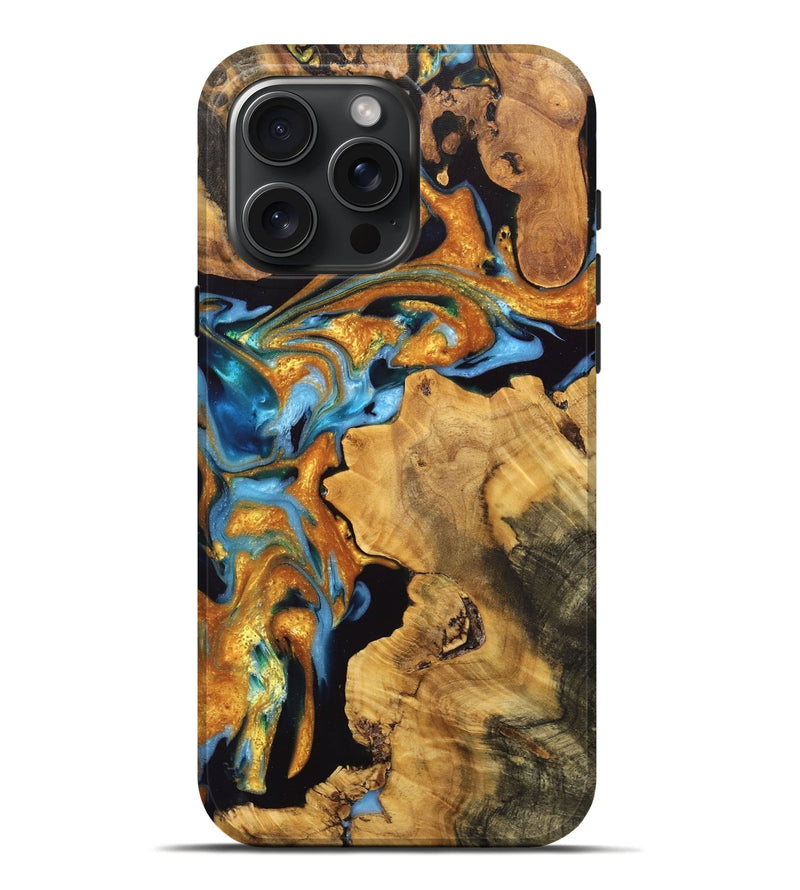 iPhone 16 Pro Max Wood Live Edge Phone Case - Casimir (Teal & Gold, 748418)
