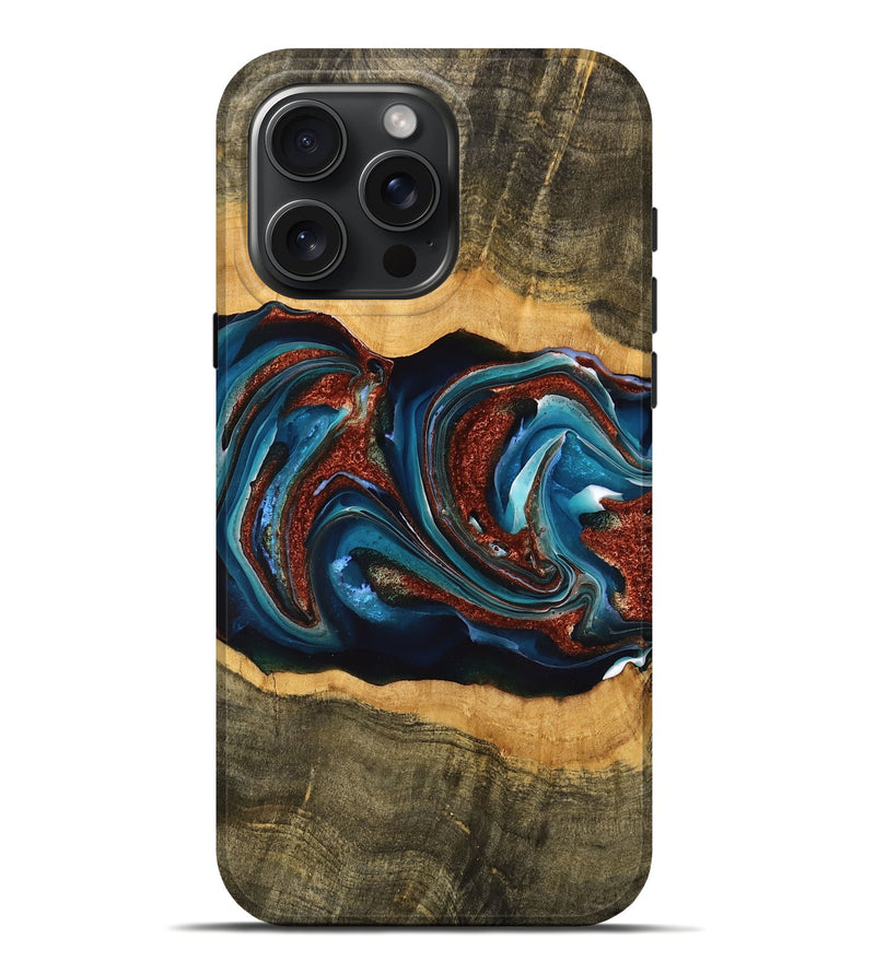 iPhone 16 Pro Max Wood Live Edge Phone Case - Rubin (Teal & Gold, 748641)