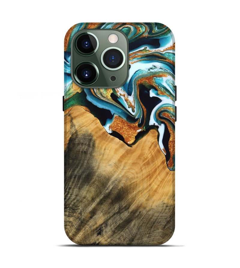 iPhone 13 Pro Wood Live Edge Phone Case - Ronnie (Teal & Gold, 748671)