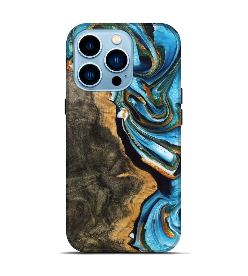 iPhone 14 Pro Wood Live Edge Phone Case - Roy (Teal & Gold, 748681)