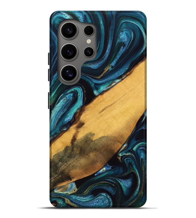 Galaxy S25 Ultra Wood Live Edge Phone Case - Cara (Teal & Gold, 748688)