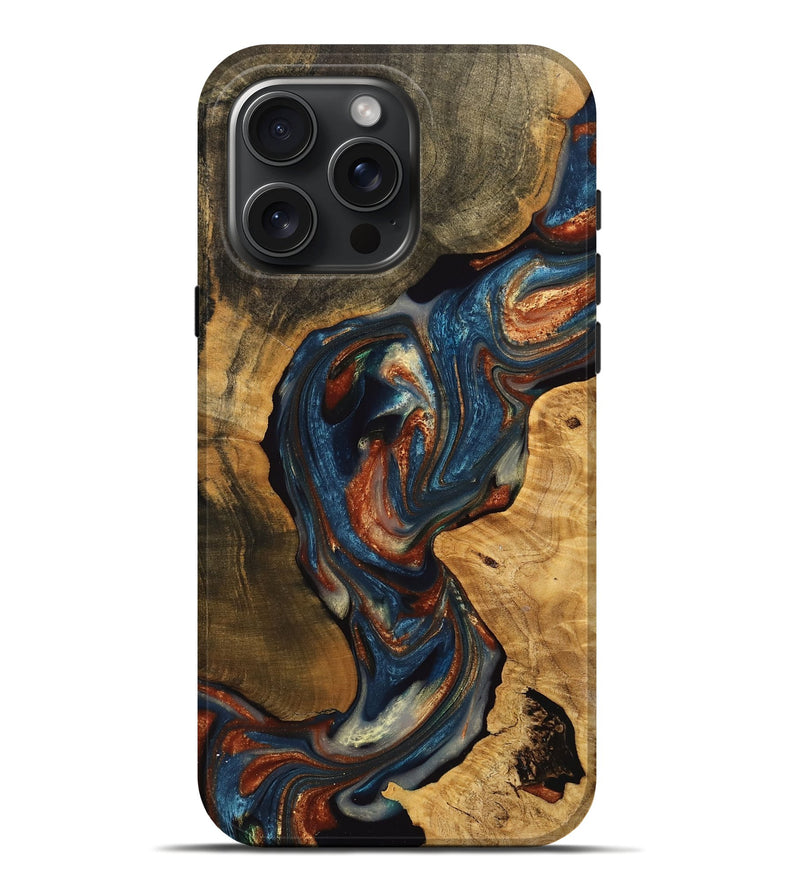 iPhone 16 Pro Max Wood Live Edge Phone Case - Lu (Teal & Gold, 748913)