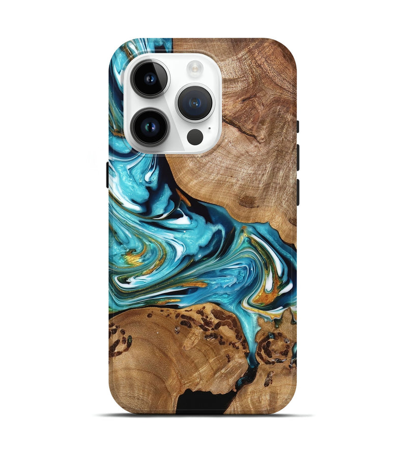 iPhone 15 Pro Wood Live Edge Phone Case - Beckett (Teal & Gold, 748916)