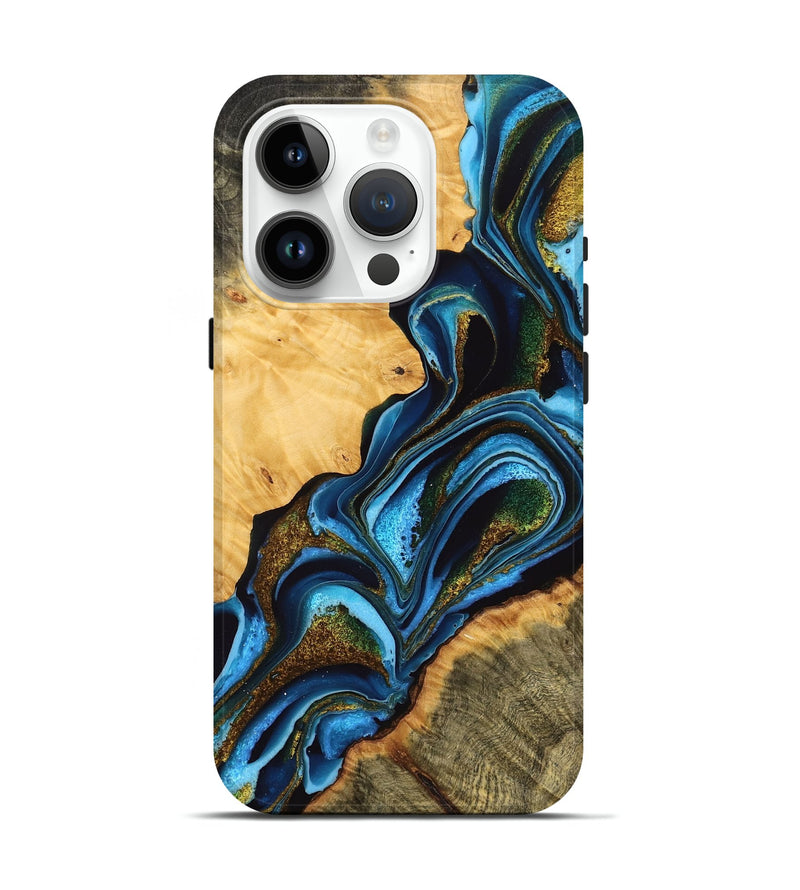 iPhone 15 Pro Wood Live Edge Phone Case - Rosanna (Teal & Gold, 748919)