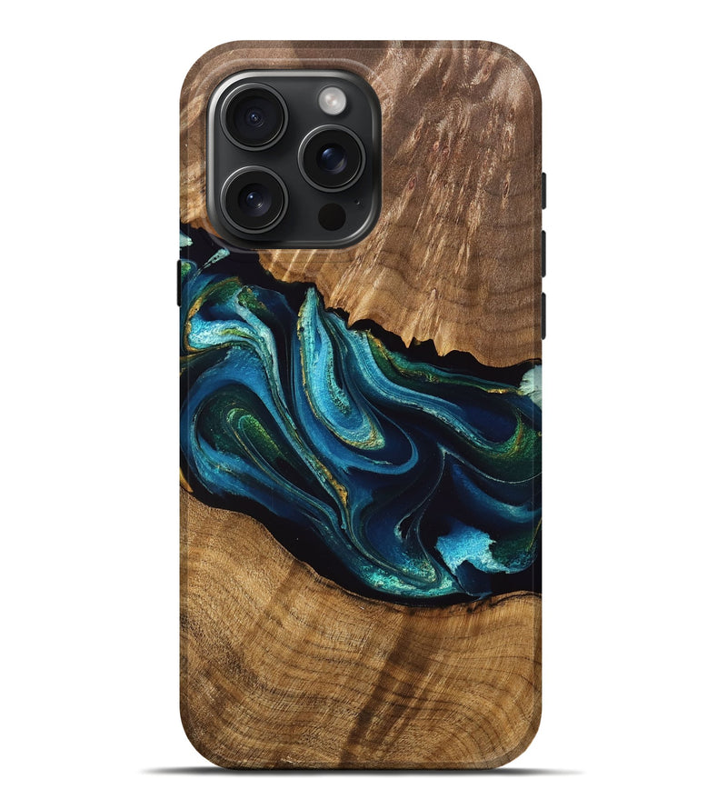 iPhone 16 Pro Max Wood Live Edge Phone Case - Mila (Teal & Gold, 748928)