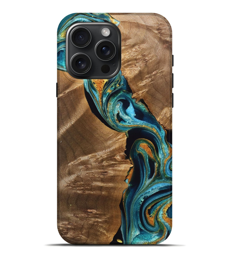 iPhone 16 Pro Max Wood Live Edge Phone Case - Alyssa (Teal & Gold, 748929)