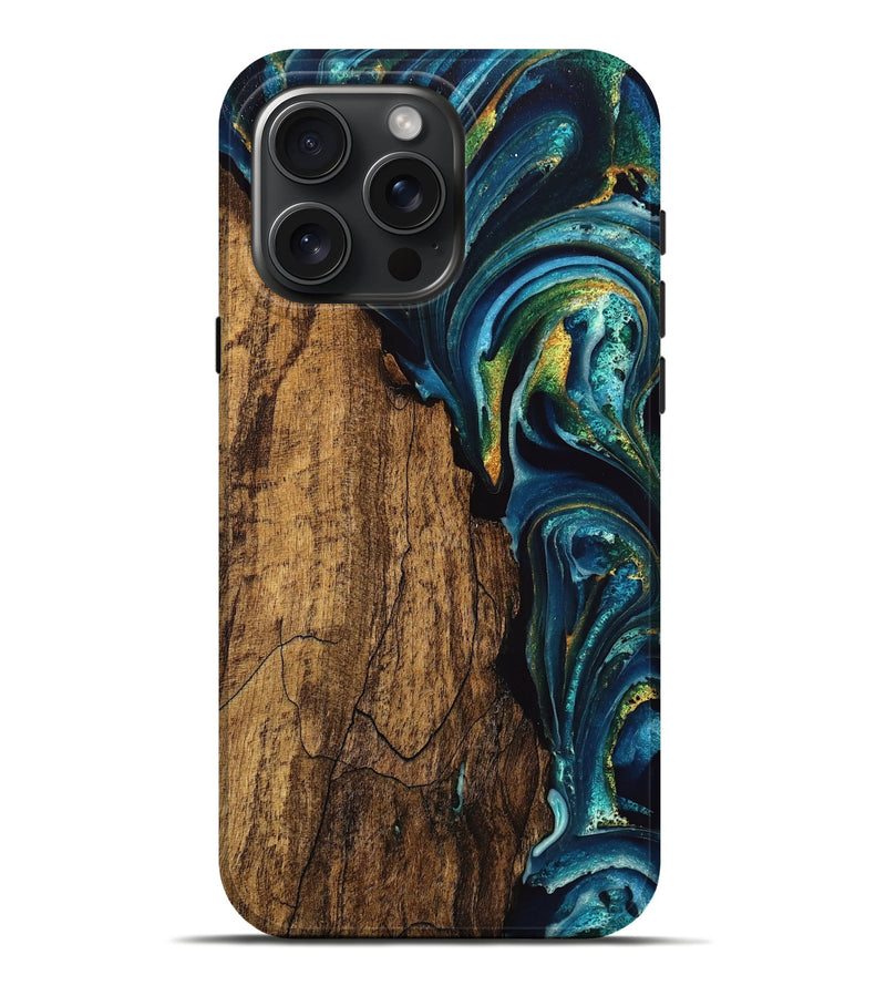 iPhone 16 Pro Max Wood Live Edge Phone Case - Jameson (Teal & Gold, 748933)