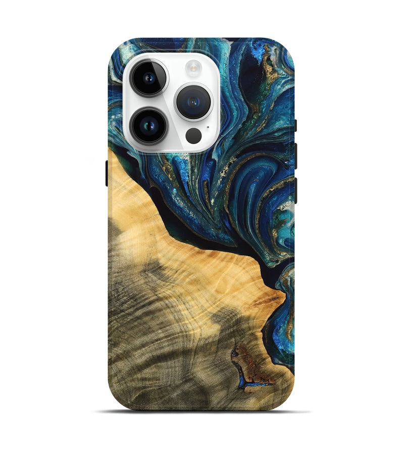 iPhone 15 Pro Wood Live Edge Phone Case - Elvira (Teal & Gold, 748934)