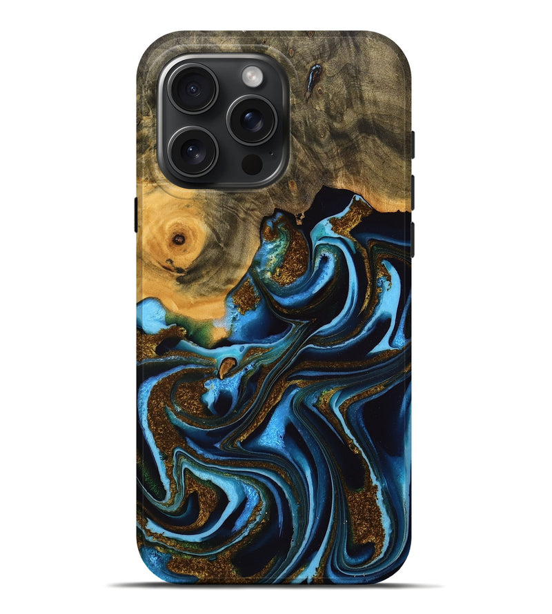 iPhone 16 Pro Max Wood Live Edge Phone Case - Jarod (Teal & Gold, 748935)