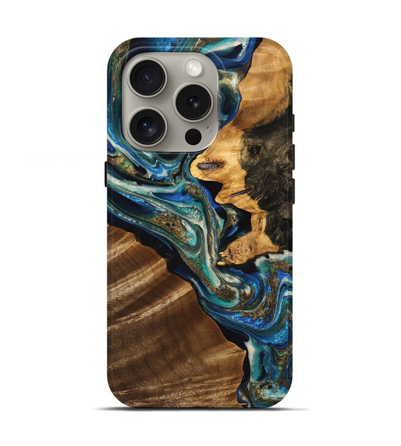 iPhone 16 Pro Wood Live Edge Phone Case - Kailyn (Teal & Gold, 748944)