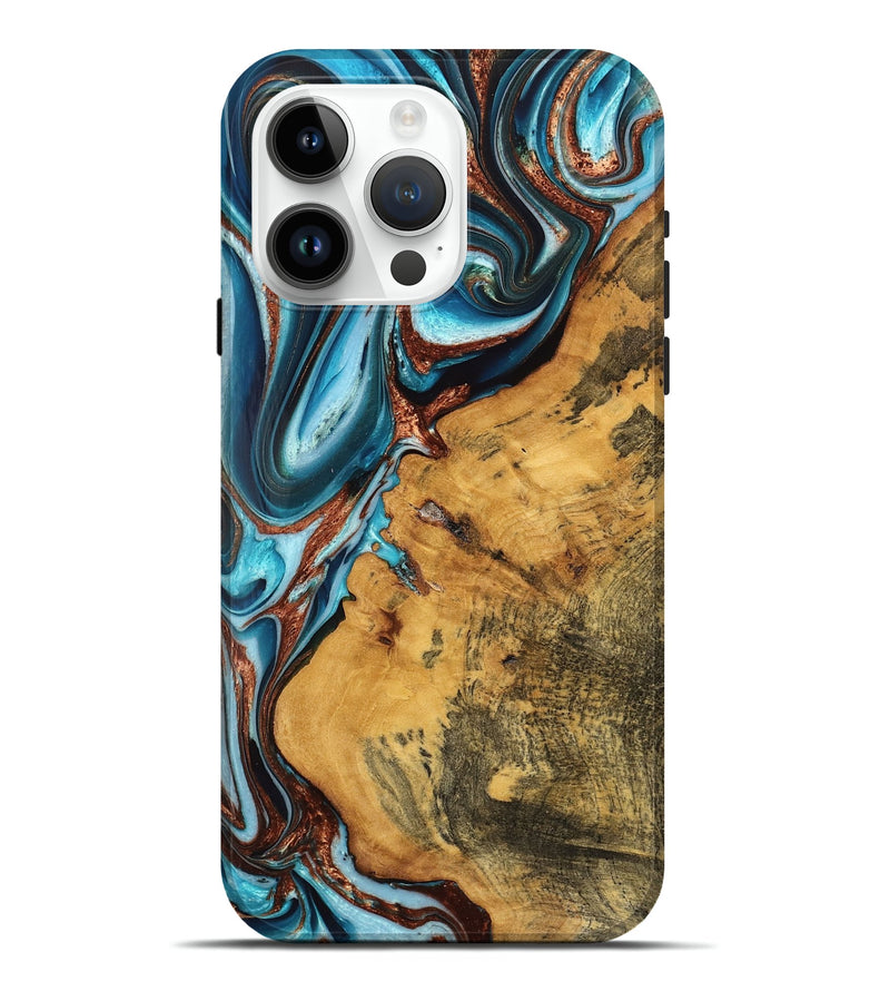 iPhone 15 Pro Max Wood Live Edge Phone Case - Alitzel (Teal & Gold, 748966)