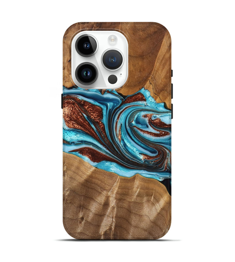 iPhone 15 Pro Wood Live Edge Phone Case - Lora (Teal & Gold, 748967)
