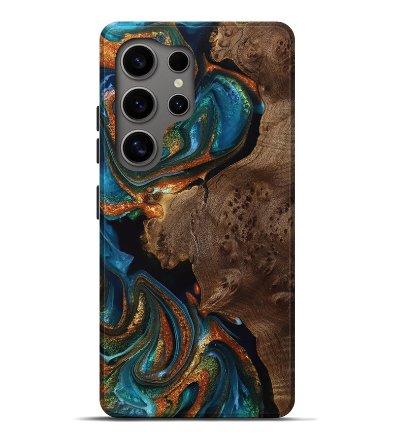 Galaxy S25 Ultra Wood Live Edge Phone Case - Ingrid (Teal & Gold, 749623)