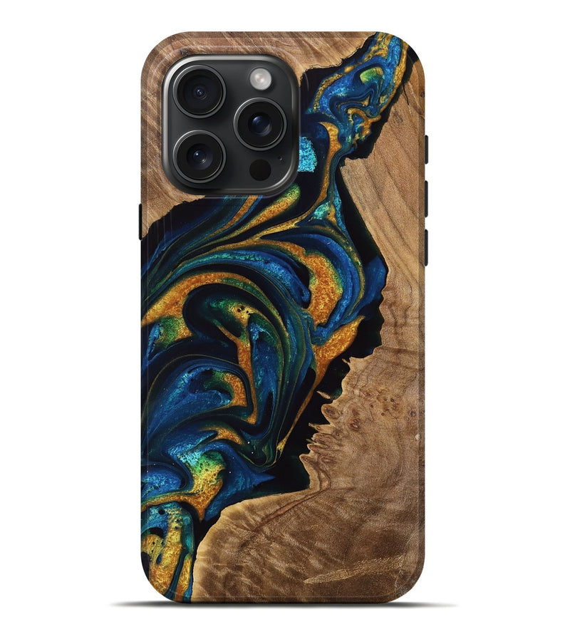 iPhone 16 Pro Max Wood Live Edge Phone Case - Altha (Teal & Gold, 749626)