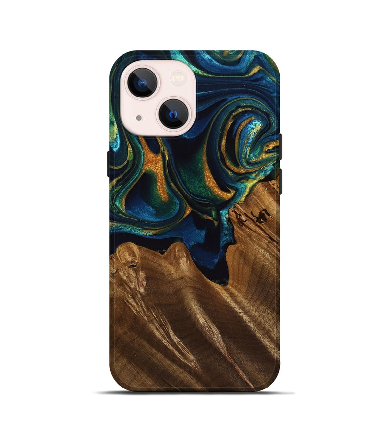 iPhone 13 mini Wood Live Edge Phone Case - Casie (Teal & Gold, 749631)