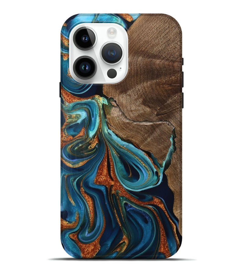 iPhone 15 Pro Max Wood Live Edge Phone Case - Jane (Teal & Gold, 749633)