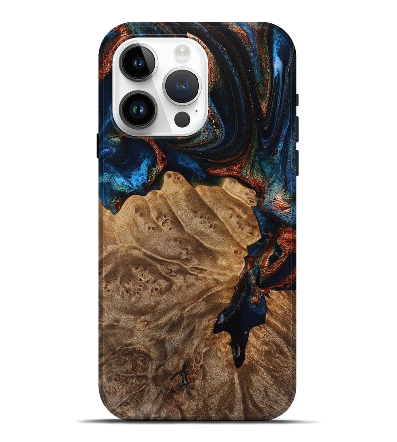 iPhone 15 Pro Max Wood Live Edge Phone Case - Rhoda (Teal & Gold, 749639)