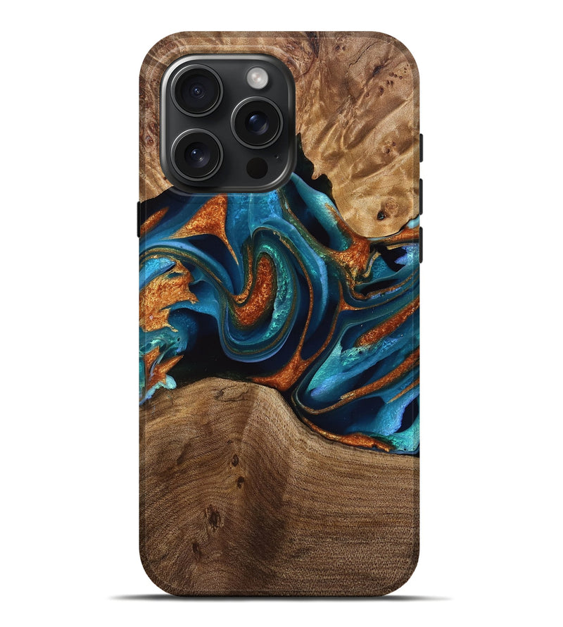 iPhone 16 Pro Max Wood Live Edge Phone Case - Rohan (Teal & Gold, 749644)
