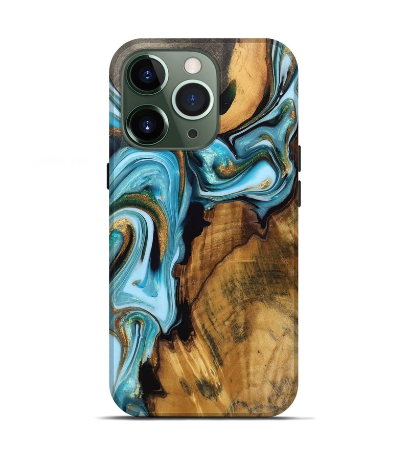 iPhone 13 Pro Wood Live Edge Phone Case - Addie (Teal & Gold, 750326)