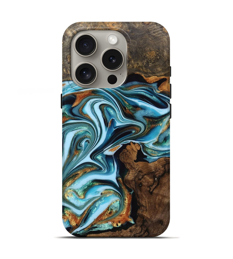 iPhone 16 Pro Wood Live Edge Phone Case - Judie (Teal & Gold, 750327)
