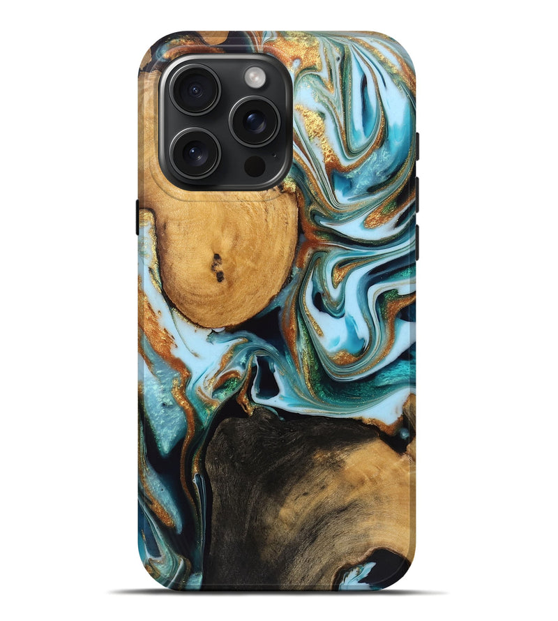 iPhone 16 Pro Max Wood Live Edge Phone Case - Koby (Teal & Gold, 750329)