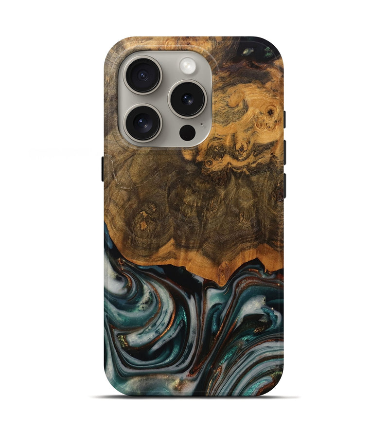 iPhone 16 Pro Wood Live Edge Phone Case - Ephriam (Teal & Gold, 750359)