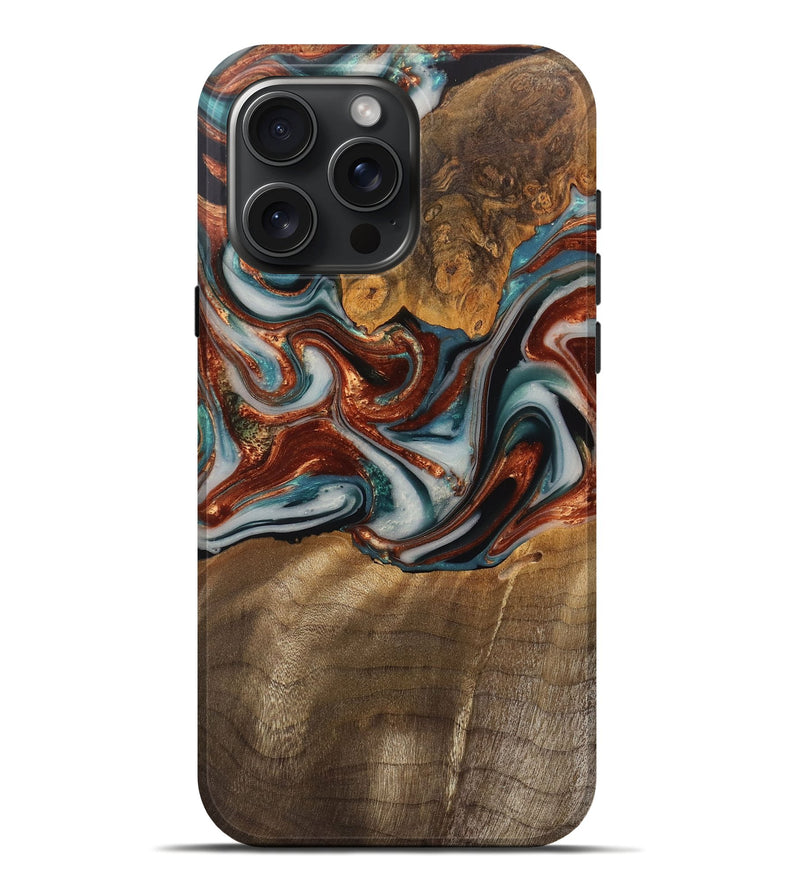 iPhone 16 Pro Max Wood Live Edge Phone Case - Agnes (Teal & Gold, 750360)