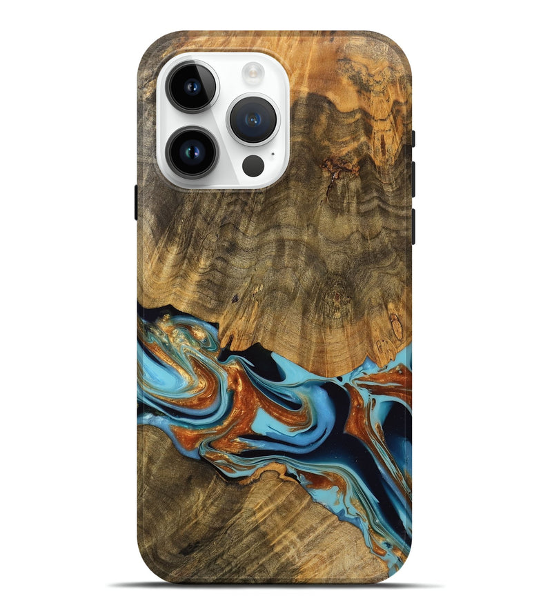 iPhone 15 Pro Max Wood Live Edge Phone Case - Zev (Teal & Gold, 750361)