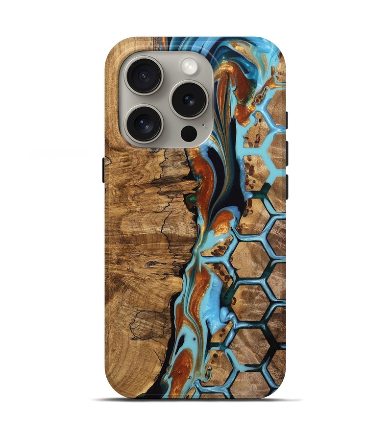 iPhone 16 Pro Wood Live Edge Phone Case - Micheal (Teal & Gold, 750367)