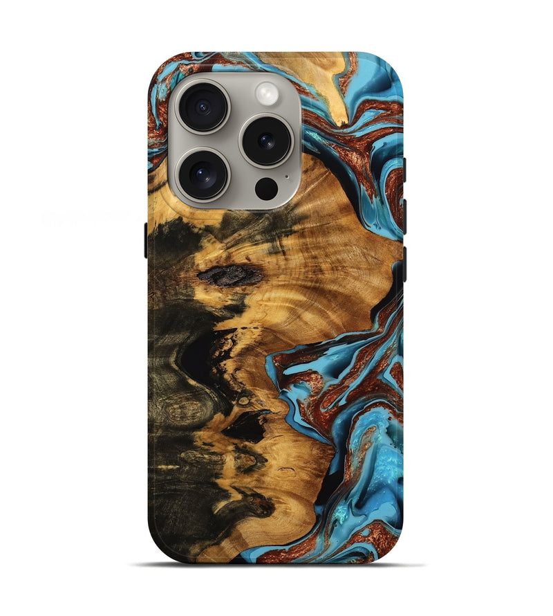 iPhone 16 Pro Wood Live Edge Phone Case - Frank (Teal & Gold, 750719)