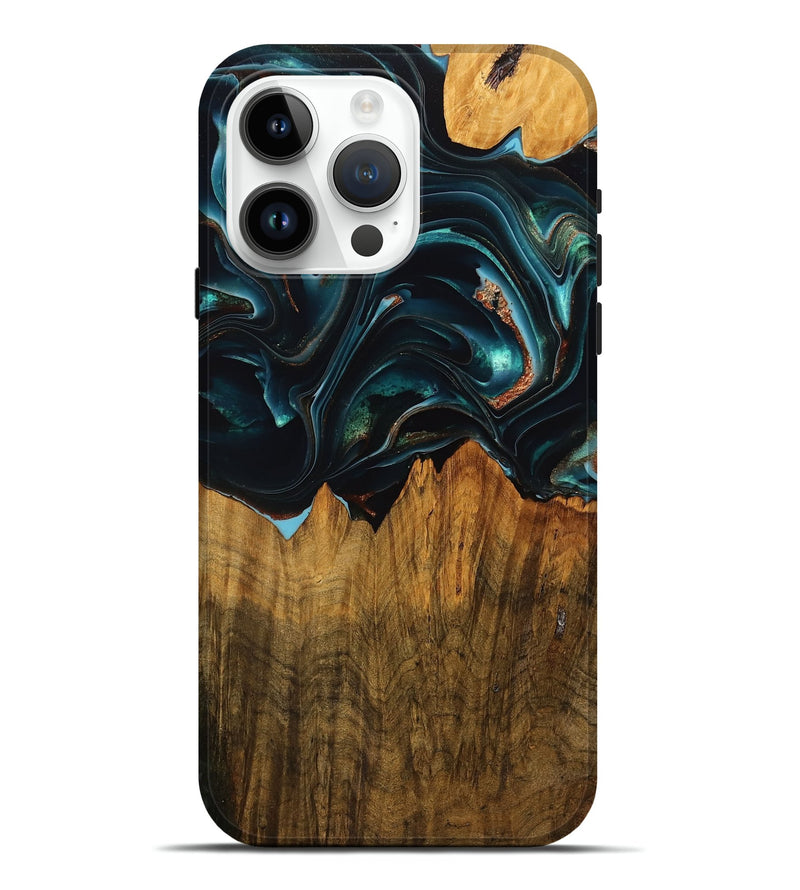 iPhone 15 Pro Max Wood Live Edge Phone Case - Tillman (Teal & Gold, 750720)