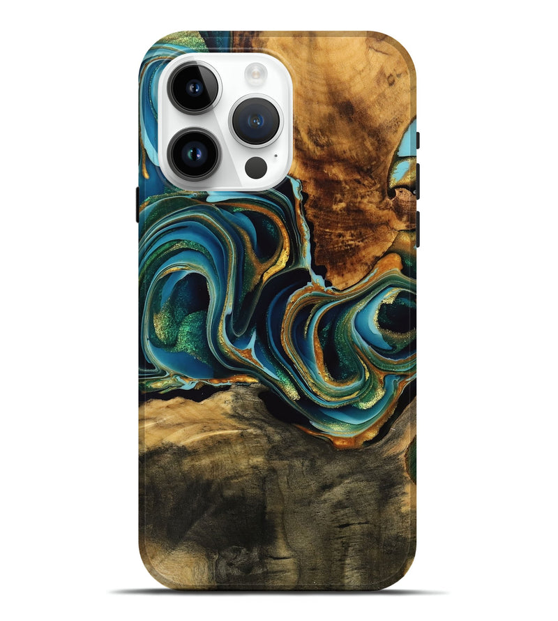 iPhone 15 Pro Max Wood Live Edge Phone Case - Myla (Teal & Gold, 751255)