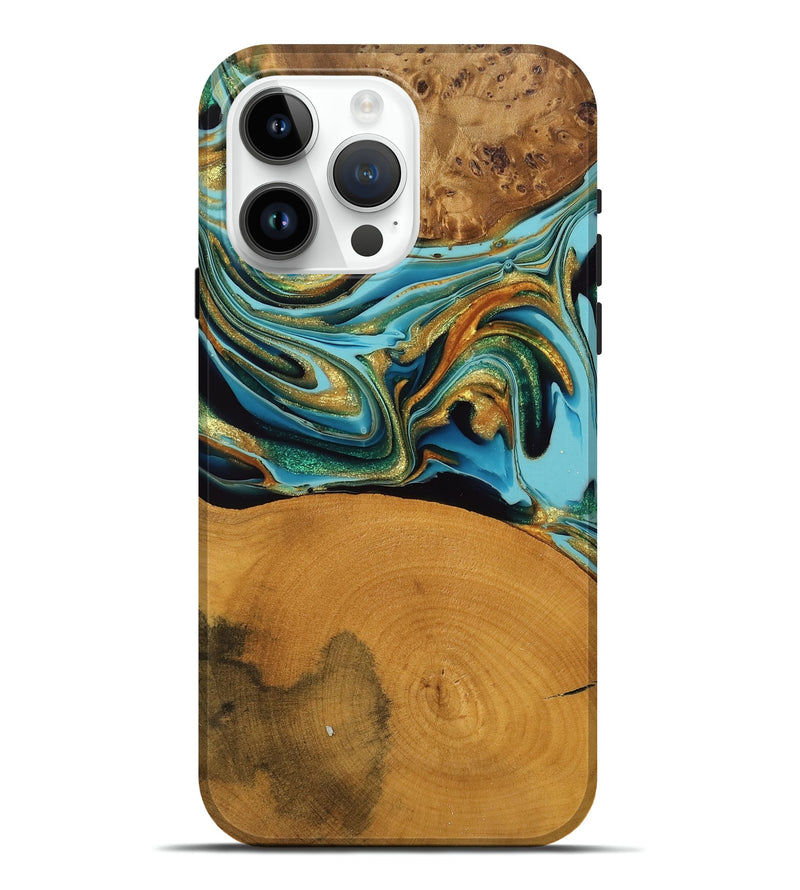 iPhone 15 Pro Max Wood Live Edge Phone Case - Katlyn (Teal & Gold, 751259)