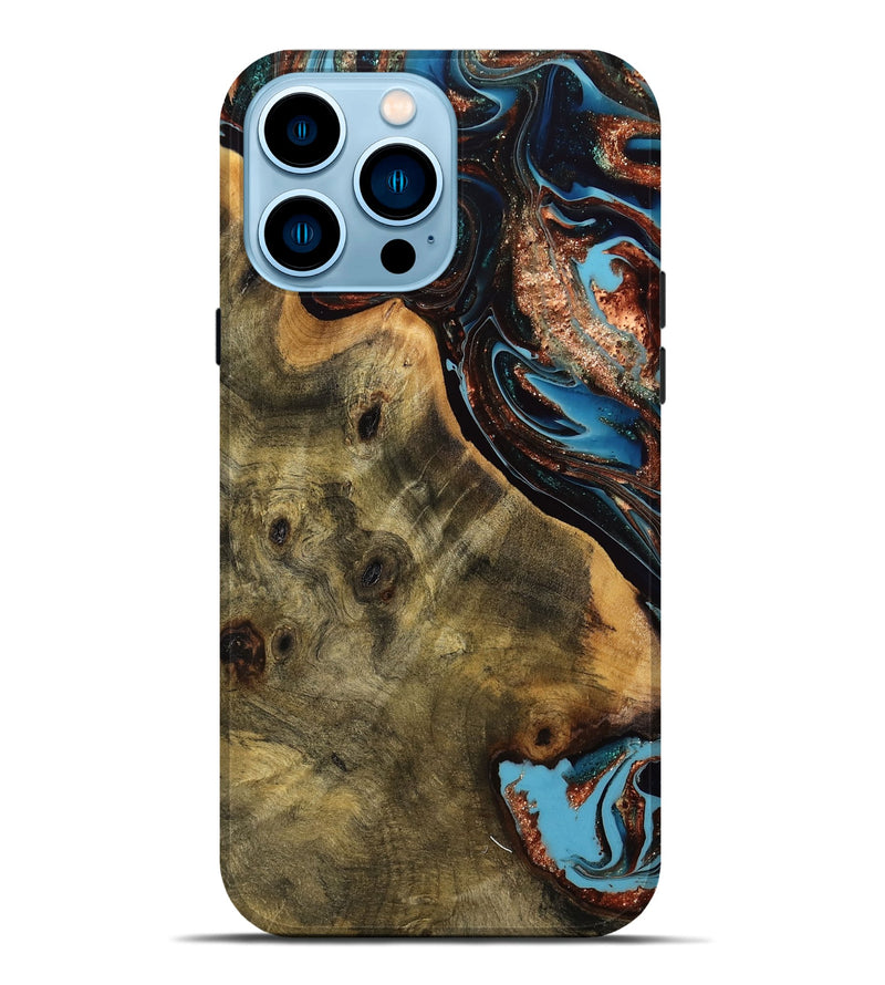 iPhone 14 Pro Max Wood Live Edge Phone Case - Remi (Teal & Gold, 751271)