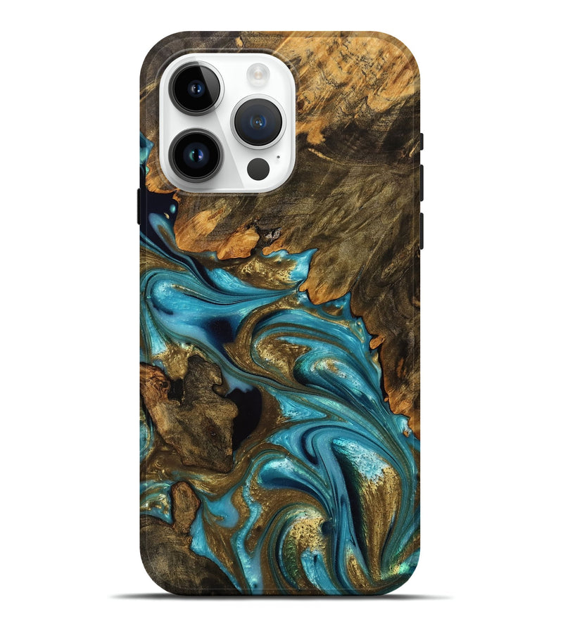 iPhone 15 Pro Max Wood Live Edge Phone Case - Miley (Teal & Gold, 751281)