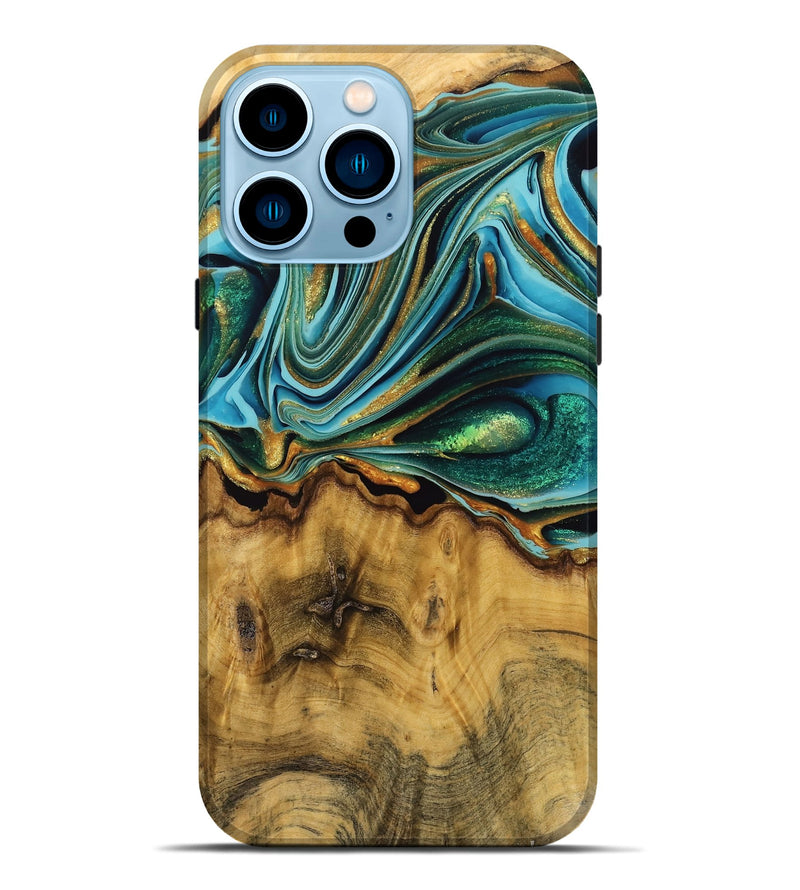 iPhone 14 Pro Max Wood Live Edge Phone Case - Lamont (Teal & Gold, 751300)