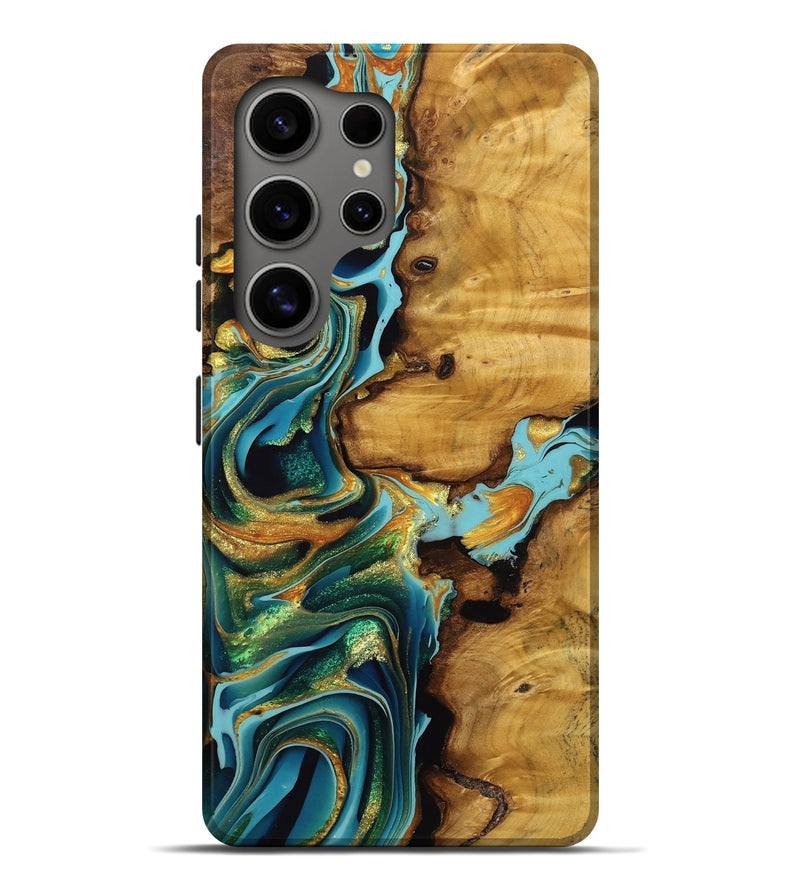 Galaxy S25 Ultra Wood Live Edge Phone Case - Yvette (Teal & Gold, 751301)
