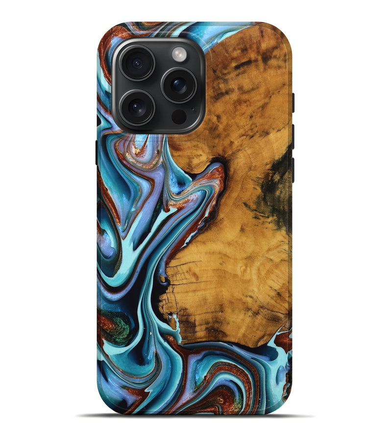 iPhone 16 Pro Max Wood Live Edge Phone Case - Cherry (Teal & Gold, 751315)
