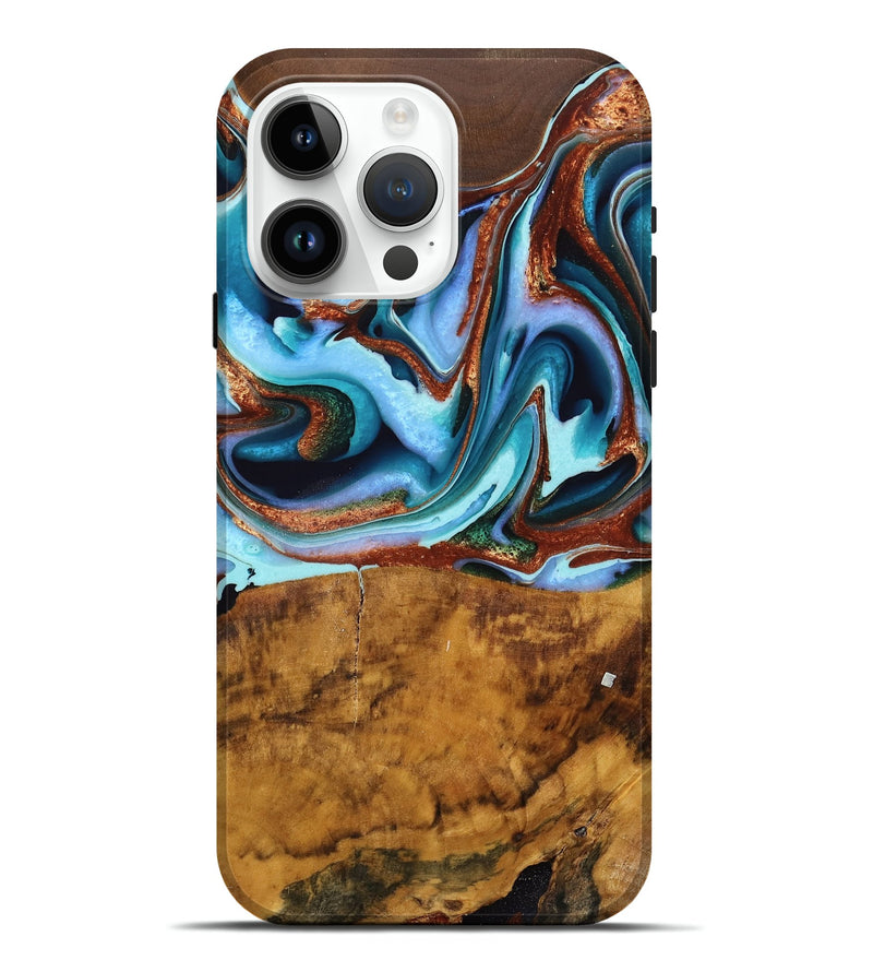 iPhone 15 Pro Max Wood Live Edge Phone Case - Ivey (Teal & Gold, 751316)