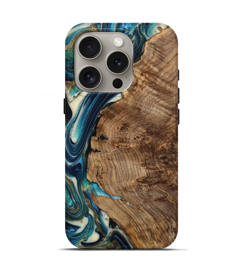 iPhone 16 Pro Wood Live Edge Phone Case - Sadie (Teal & Gold, 751343)