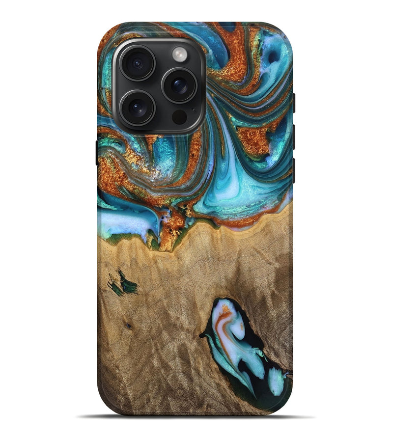iPhone 16 Pro Max Wood Live Edge Phone Case - Nettie (Teal & Gold, 751348)