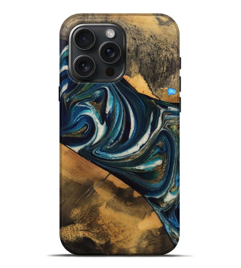 iPhone 16 Pro Max Wood Live Edge Phone Case - Marjory (Teal & Gold, 751349)