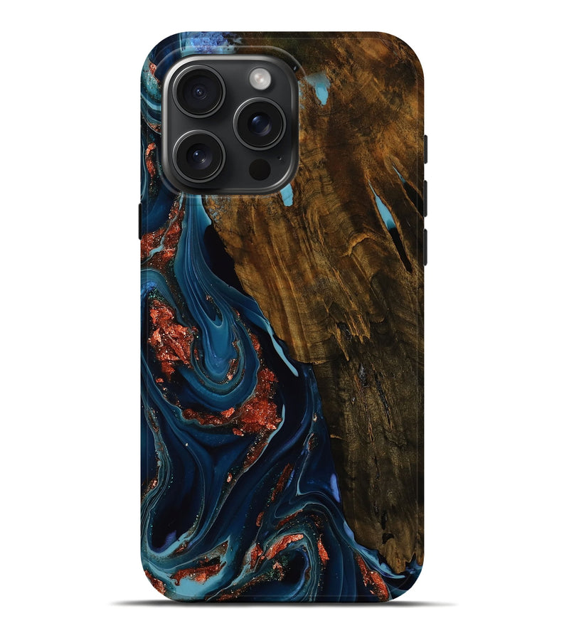 iPhone 16 Pro Max Wood Live Edge Phone Case - Velma (Teal & Gold, 751672)