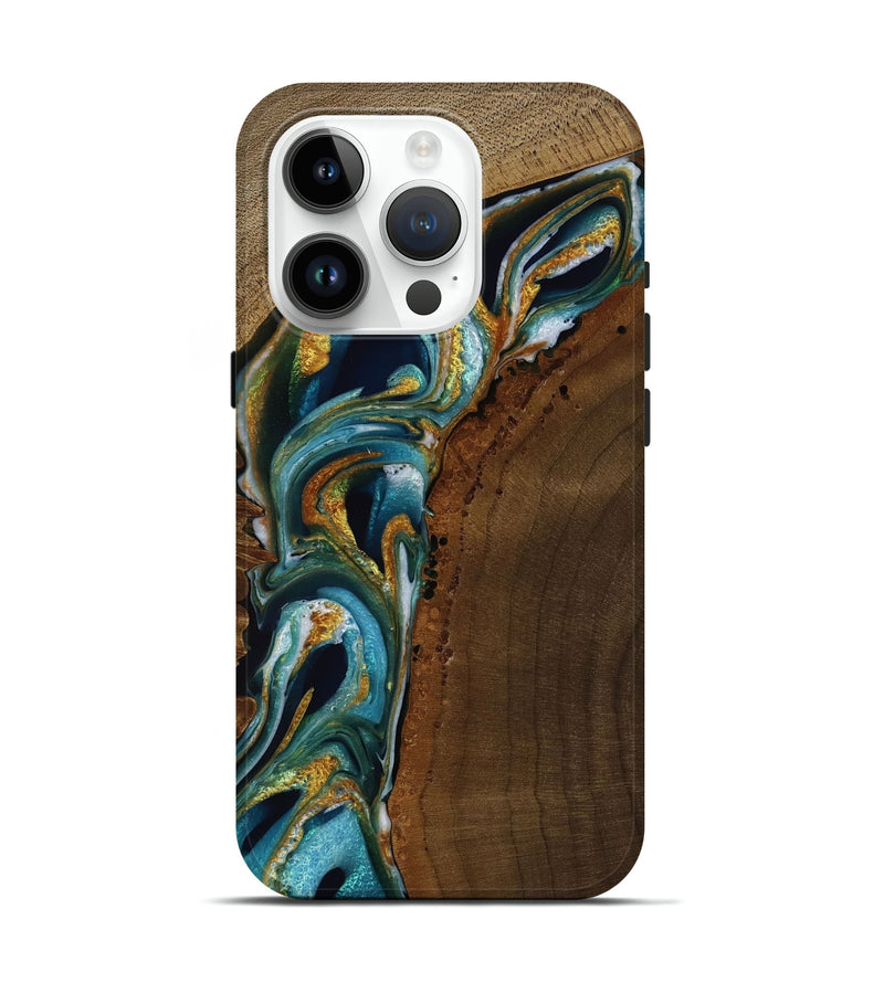 iPhone 15 Pro Wood Live Edge Phone Case - Kyan (Teal & Gold, 751685)