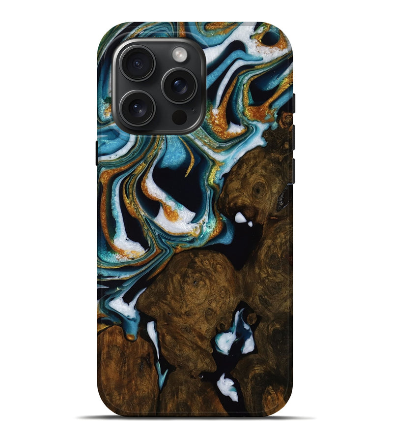 iPhone 16 Pro Max Wood Live Edge Phone Case - Adele (Teal & Gold, 751694)