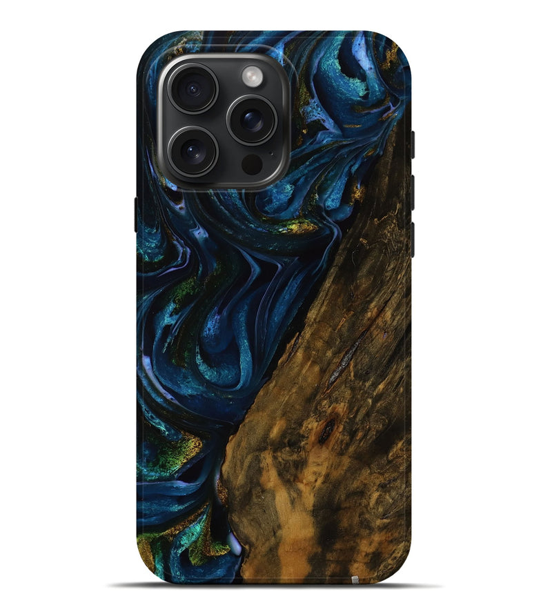 iPhone 16 Pro Max Wood Live Edge Phone Case - Asia (Teal & Gold, 751696)