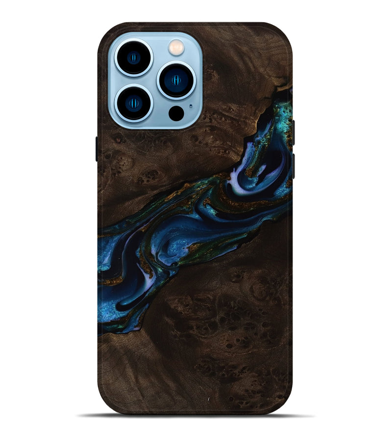 iPhone 14 Pro Max Wood Live Edge Phone Case - Mahlon (Teal & Gold, 751698)