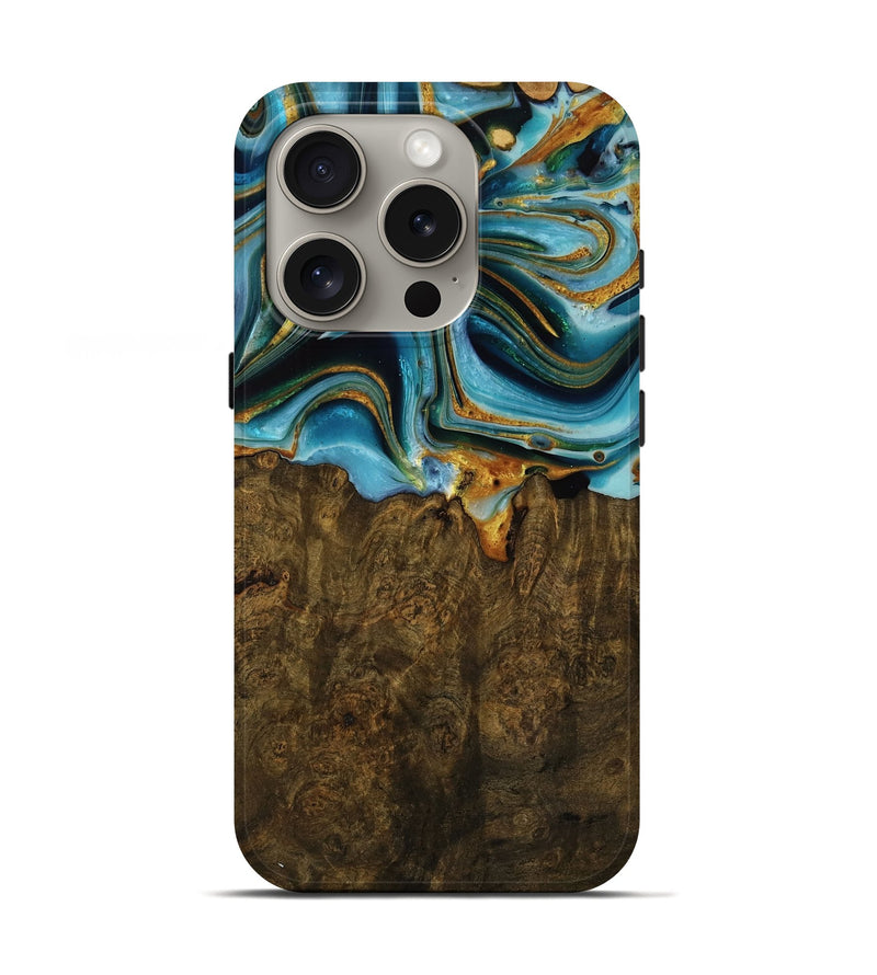 iPhone 16 Pro Wood Live Edge Phone Case - Jaylani (Teal & Gold, 751700)